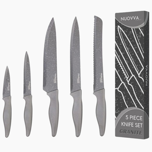 5-Piece Kitchen Knife Set – Chef, Filleting, Bread, Paring & Utility - Non-Stick - Grey Granite