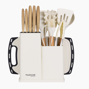17pcs Cream Silicone Cooking Utensil & Knife Set with Block & Chopping Board
