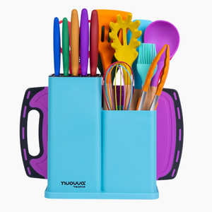 17pcs Colourful Silicone Kitchen Utensil & Knife Set with Block & Chopping Board