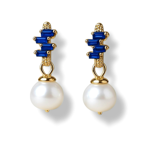 Blue Sapphire Accent Pearl Drop Earrings