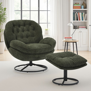 Green Chenille Fabric Azura Swivel Accent Chair with Footstool