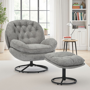 Dark Grey Chenille Fabric Azura Swivel Accent Chair with Footstool