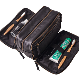 Mens Leather Fold Out Wash Bag - Black