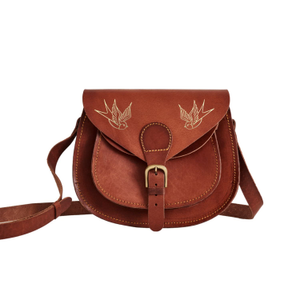 Vintage Full Grain Leather Saddle Bag With Hot-Stamped Gold Swallows