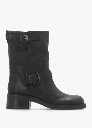Naomi Black Leather Double Buckle Biker Boots
