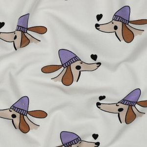 Tissu sweat molleton chien et coeurs - Blanc cassé