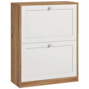 HOMCOM Zapatero Estrecho con 2 Puertas Estantes Ajustables para 12 Pares de Zapatos 60x24,5x75,5 cm Natural y Blanco