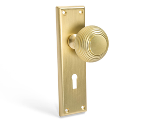 Beehive Lock Door Knob on Backplate - Brushed Brass - Pair - Designer Levers