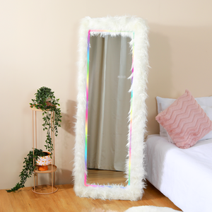 Freya & Sol Glam Standing Furry Mirror with RGB & Tri-Tone Lighting - White