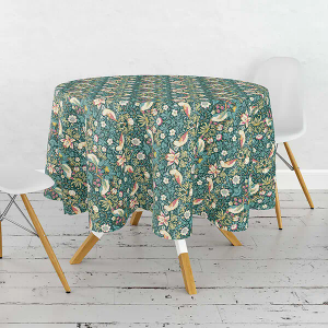William Morris Strawberry Thief Dark Green 132cm Round Cotton Tablecloth