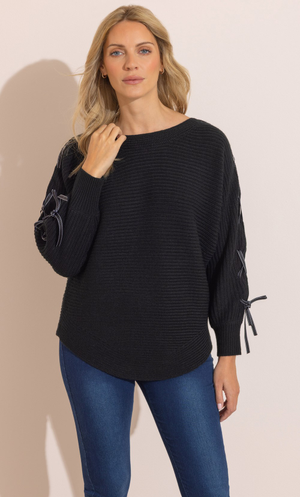 Ribbon Trim Batwing Jumper - Black
