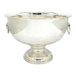 Vintage Silver-Plated Pedestal Punch Bowl With Lion Head Handles – Traditional / Hollywood Regency