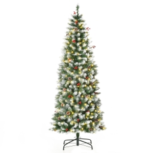 HOMCOM Árbol de Navidad Nevado Artificial 180 cm Árbol de Navidad con 300 Luces LED Blanco Cálido 618 Ramas Ignífugas de Plástico Decoraciones Incluidas y Base Plegable Ø65x180 cm Verde