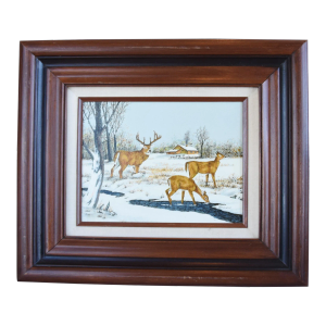 Artist Signed Stag and Doe Deer's in Snowy Landscape Painting W/ Frame