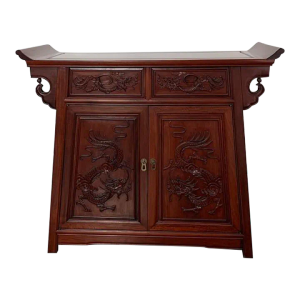 1950s Vintage Chinese Hand Carved Rosewood Prosperity Dragon Altar Cabinet