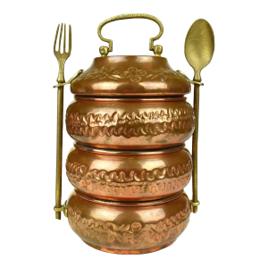Mid 20th Century Hand Hammer Engraved Stackable Three Compartments Tiffin Copper and Brass Lunch Box