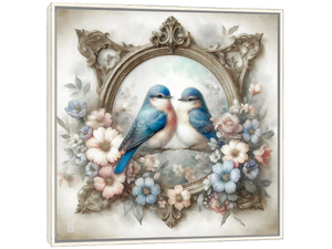Bluebirds And Cottage Flowers Vignette