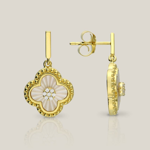 Signature Gold Plated Art Deco Zirconia & Pearl Clover Drop Earrings
