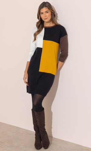 Colour Block Jumper Dress - Black/Mustard