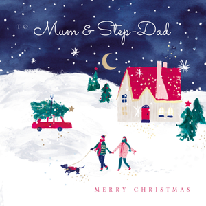 Festive Scene Mum & Step-Dad Hand-Painted Christmas Card