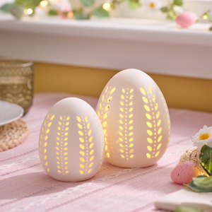 2er Set LED-Porzellan-Eier mit Timer warmweiß