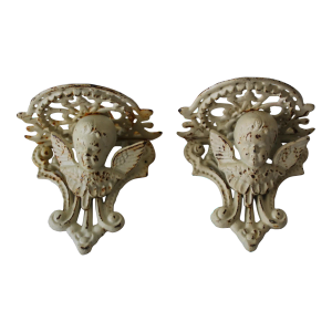 Cast Iron Cherub Angel Putti Victorian Style Brackets Accent Wall Shelves -A Pair