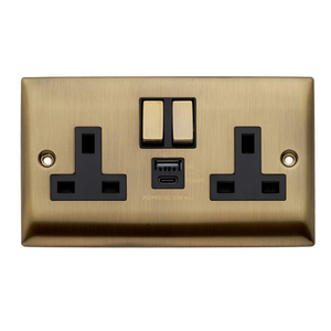 Double Switched Plug Socket -13A - 1 x USB-C / 1 x USB-A Port - Antique Brass