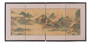 Japanese Miniature Four-Panel Screen Blue and Green Landscape