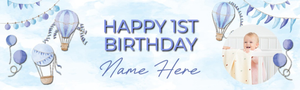 Personalised Happy 1st 2nd 3rd Birthday Banner - Blue Hot Air Balloons