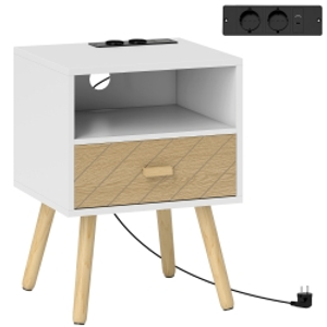 HOMCOM Mesilla de Noche con Estación de Carga Cajón 2 Tomas AC Puerto USB Tipo-C Compartimento Abierto Patas de Madera Blanco