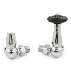 Traditional Style Thermostatic TRV &amp; Lockshield Corner Radiator Valves - Chrome