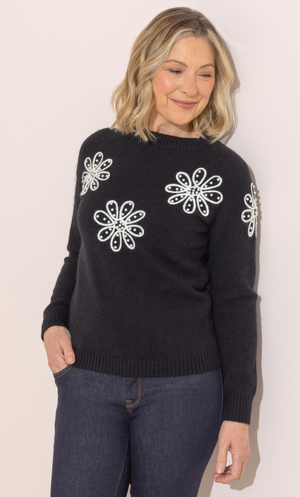 Anna Rose Faux Pearl Flower Knitted Jumper - Black/Ivory