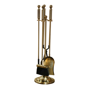Vintage French Brass Fireplace Four-Piece Tool Set on Stand