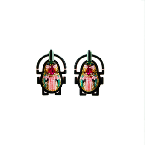 Handmade Acrylic Earring Scarab Embroidered Candy Pink