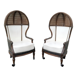 Petite Louis XV Double Cane & Leather Balloon Back Porter's Chairs- Pair