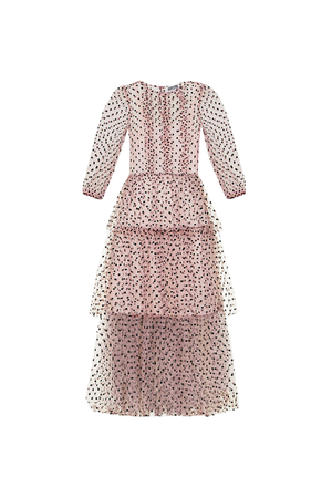 Annie Pink Spot Mesh Ruffle Tiered Midi Dress (M)