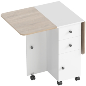 HOMCOM Mesa Plegable de Comedor con Ruedas Alas Abatibles 2 Cajones y Armario Hasta 6 Personas 120x60x76,5 cm Blanco y Natural