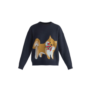 Christmas Jumper With Dog & Mistletoes In Navy (S/M)