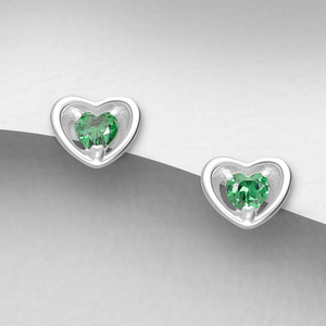 Signature Silver May Emerald CZ Heart Stud Earrings