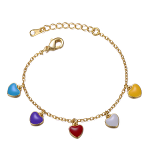 Rachel Glauber Yellow Gold Plated Adjustable Bracelet With Multi-Colored Enameled Heard Charms For Kids
