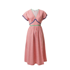 Unity Gingham Ric Rac Trim V-Neck Midi Dress - Red (S)