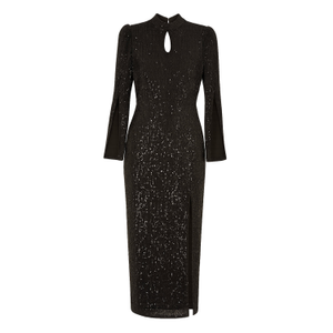 Yumi Black Sequin Fitted Midi Dress With Flute Sleeves (M)