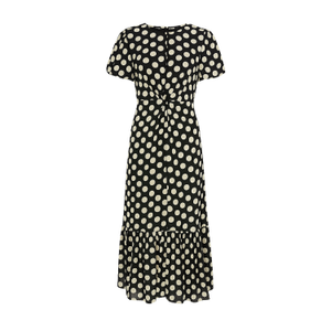 Yumi Black Velvet Spot Print Twist Knot Waist Midi Dress (M)