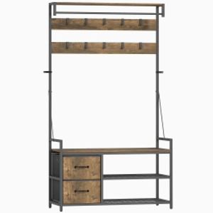 HOMCOM 6-in-1 Coat Rack with Shoe Bench and Shoe Shelf, Industrial Style, 10 Hooks, 2 Fabric Drawers, Metal, Brown