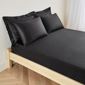 300TC Cotton Sateen Extra Deep Fitted Sheet - Black Super King 185x200cm