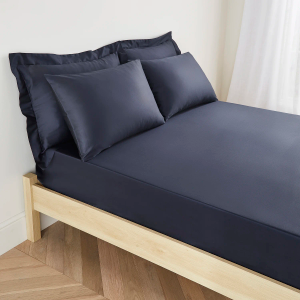 300TC Cotton Sateen Extra Deep Fitted Sheet - Dark Blue Single 90x190cm