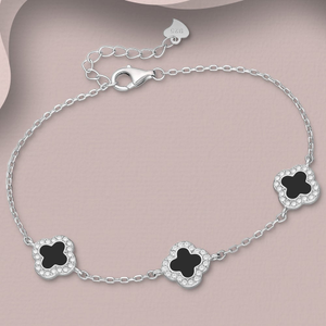 Signature Silver Black Resin & CZ Three Clover Bracelet