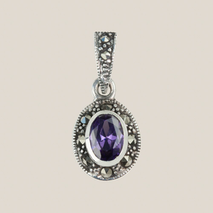 Signature Silver Marcasite & Amethyst CZ Oval Pendant