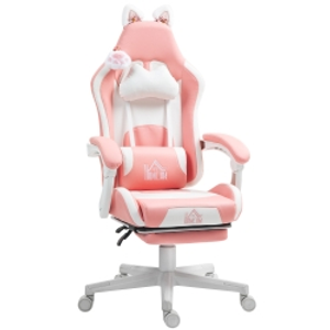 HOMCOM Gaming Chair with Cat Ears, Reclining Backrest, Extendable Footrest, Up to 120 kg, Pink/White