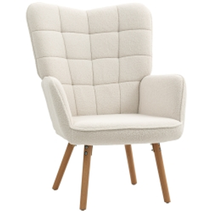 HOMCOM Modern Accent Chair, Upholstered High Back Armchair with Tufted Wingback, Seat Padding, Teddy Fleece Leisure Lounge Bedroom Chair with Wood Legs, Cream White